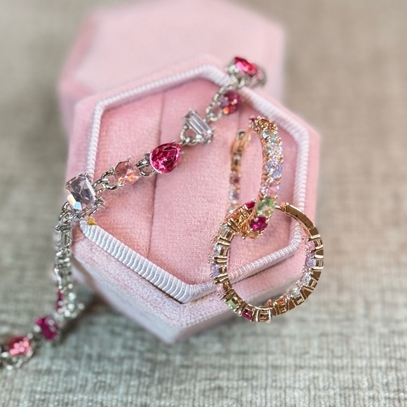 Elegant Pink Tennis Bracelet and Hoop Earrings Jewelry Set - Picture 2 of 4